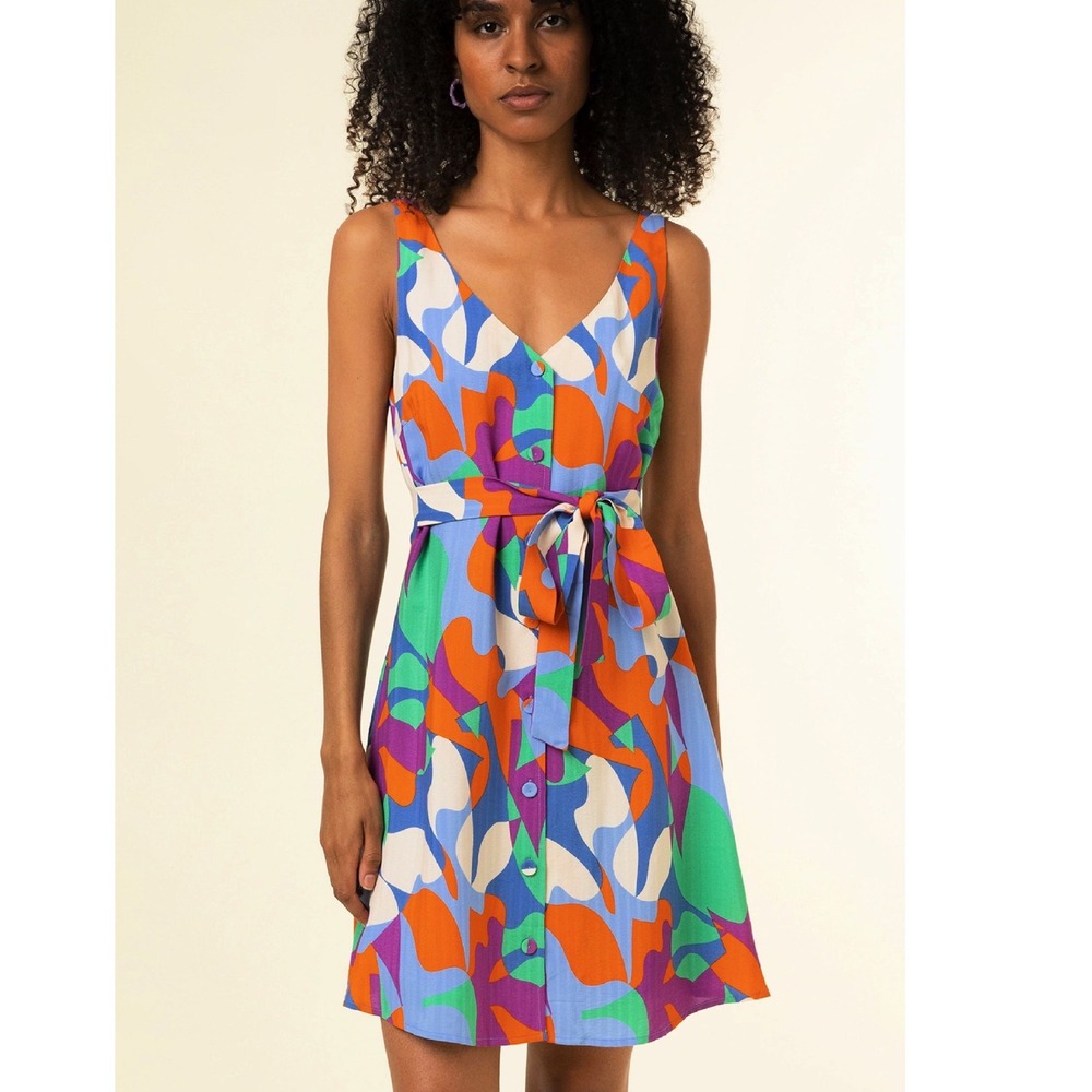 FRNCH Paris Elora Dress Medium Multicolor Abstract Print Button Front Tie Waist